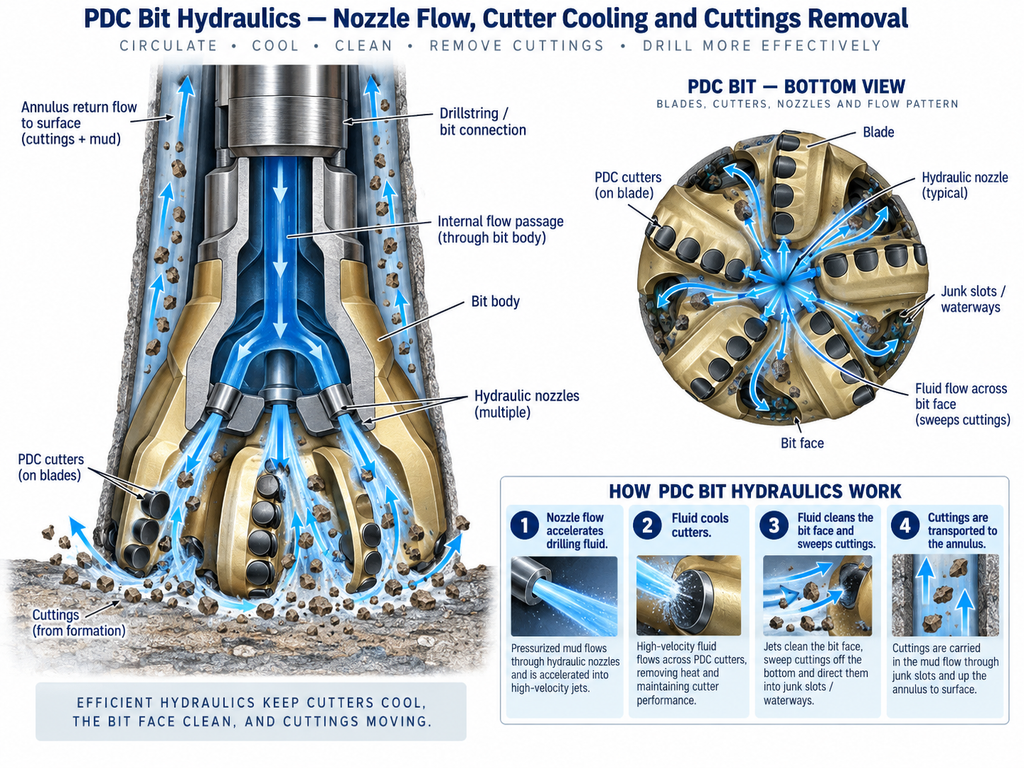 PDC bit Hydraulic Nozzles, Waterways and Bit-Face Cleaning