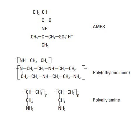 AMPS structure, polyethylene imine repeating structure and branching, and polyallylamine structure.
