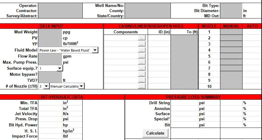 Drilling bit hydraulics Calculator Excel