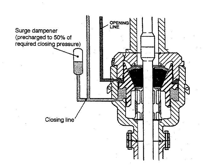 Surge dampener connected to the closing line of an annular preventer