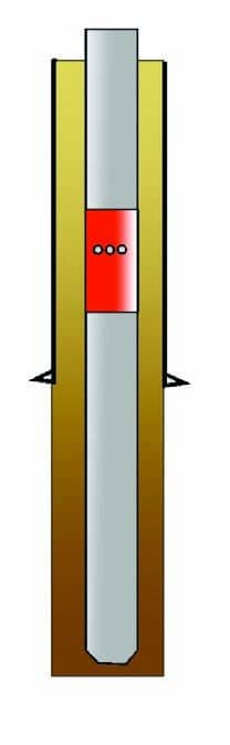 Fig. 11-64. Diagram of typical stage tool placement just inside the cased hole (drawing courtesy of Weatherford International).