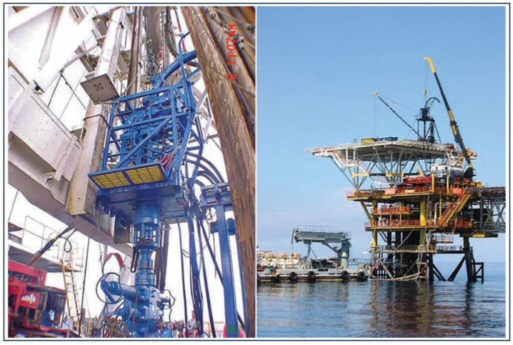 Figure 3:          Examples of Offshore CT Rig Ups (in drilling derrick and offshore platform)