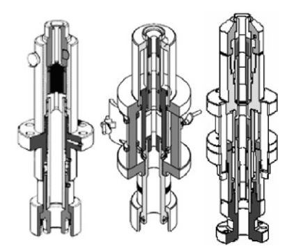 Three types of stripper: (from left) conventional top loader, the side door, and the over/under - Halliburton Handbook for Coiled Tubing