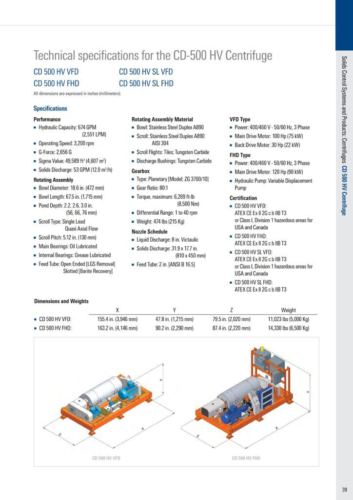 Technical specifications for the MI SWACO CD-500 HV