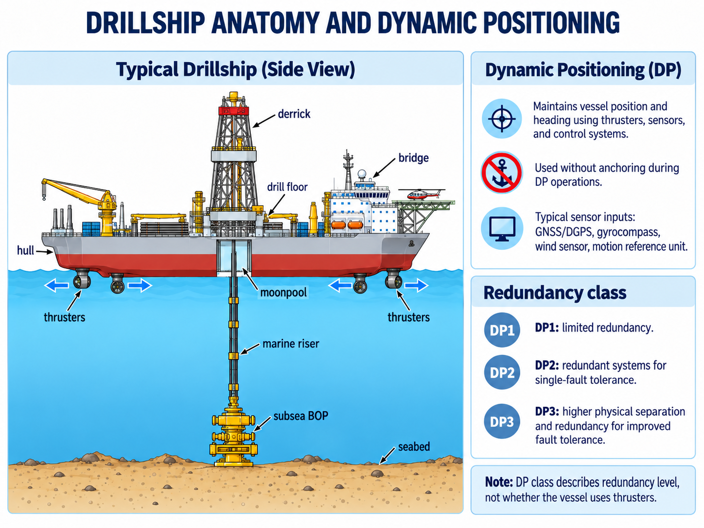 Drillship with a derrick, moonpool, marine riser, subsea BOP and thrusters, alongside a dynamic-positioning explanation.
