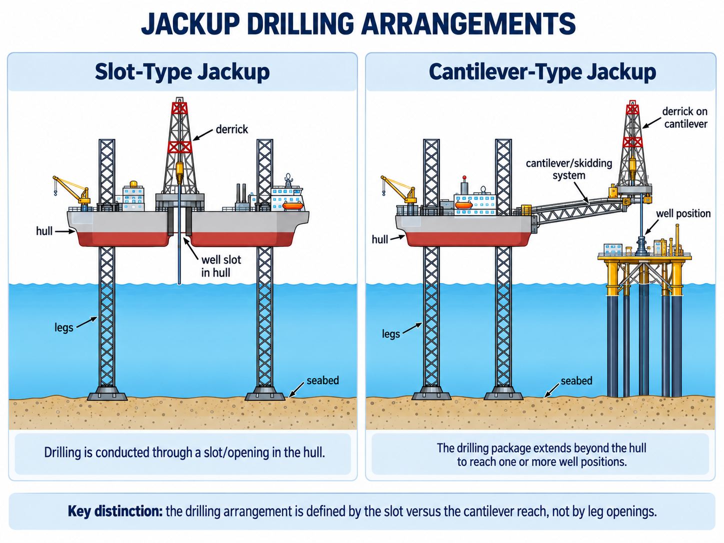 Slot-type jackup with a well opening in the hull compared with a cantilever-type jackup carrying its derrick beyond the hull.