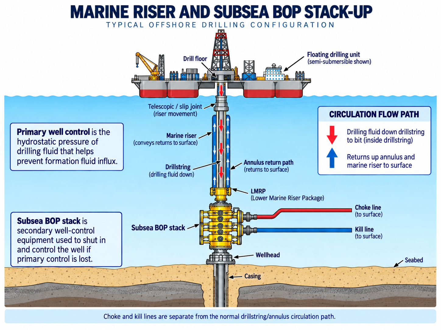 Floating-drilling connection showing the marine riser, drillstring, LMRP, subsea BOP, wellhead and separate choke and kill lines.