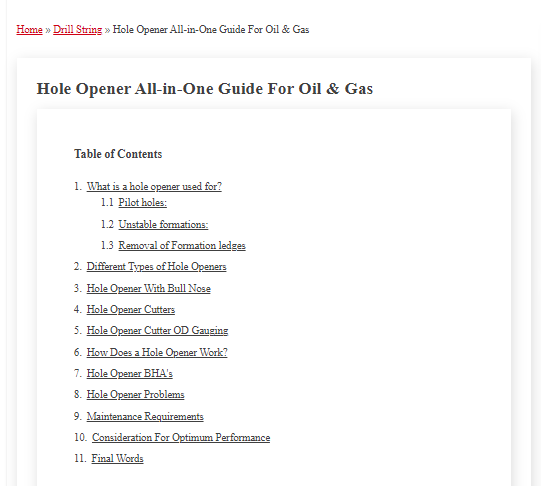 hole opener article in drilling manual