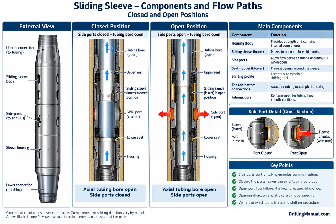Sliding sleeve cutaways comparing closed and open side ports, with the axial tubing bore, moving insert, housing, seals and shifting profile labeled.