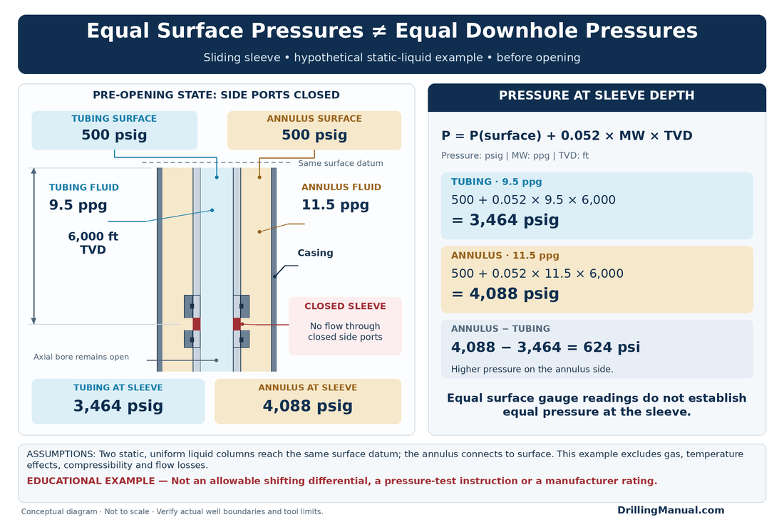 Sliding sleeve at 6,000 ft TVD with equal 500-psig surface readings but 3,464 psig in tubing and 4,088 psig in the annulus, a 624-psi differential.