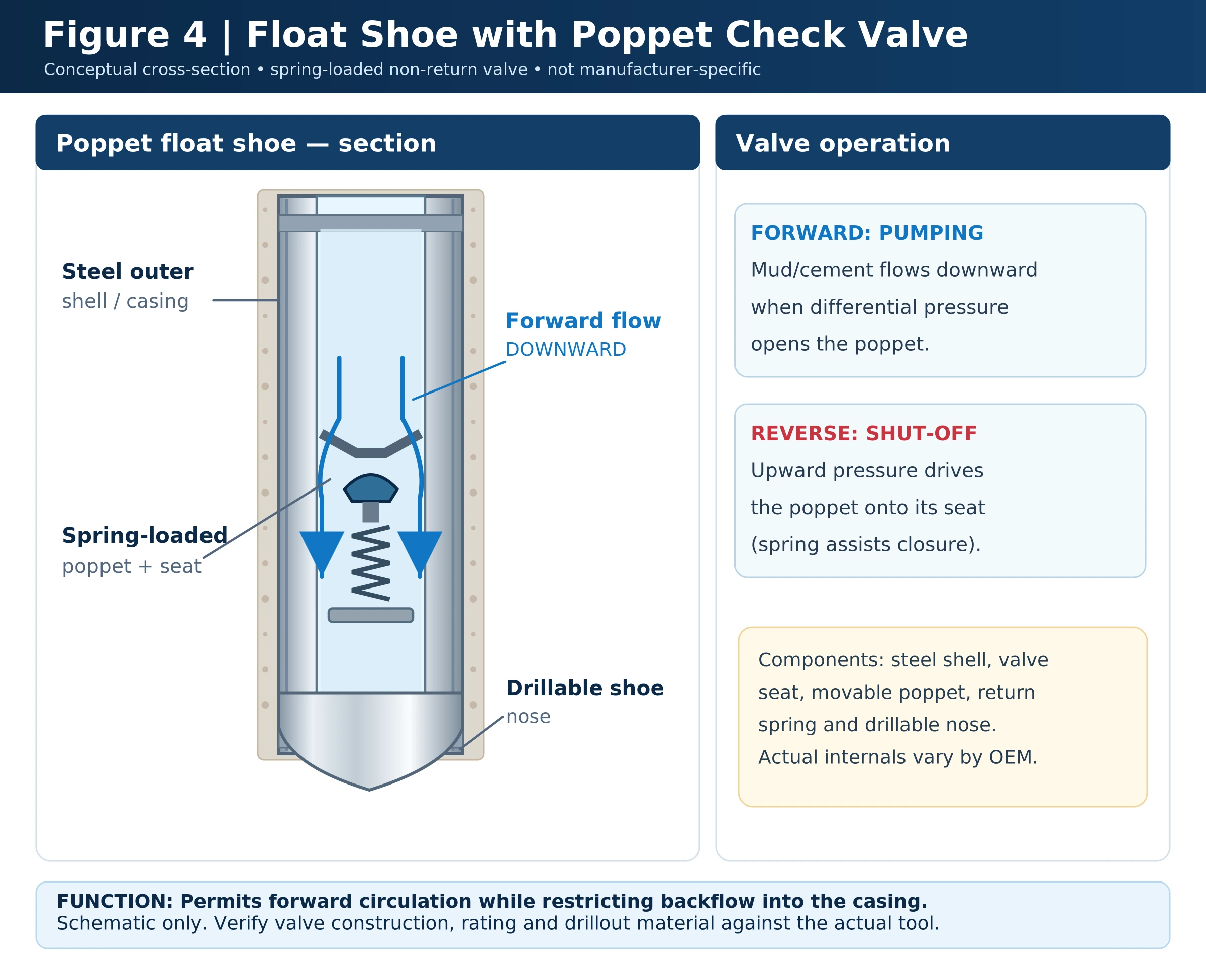 Cutaway of a spring-loaded poppet float shoe showing valve seat, return spring and downward cement flow through the casing
