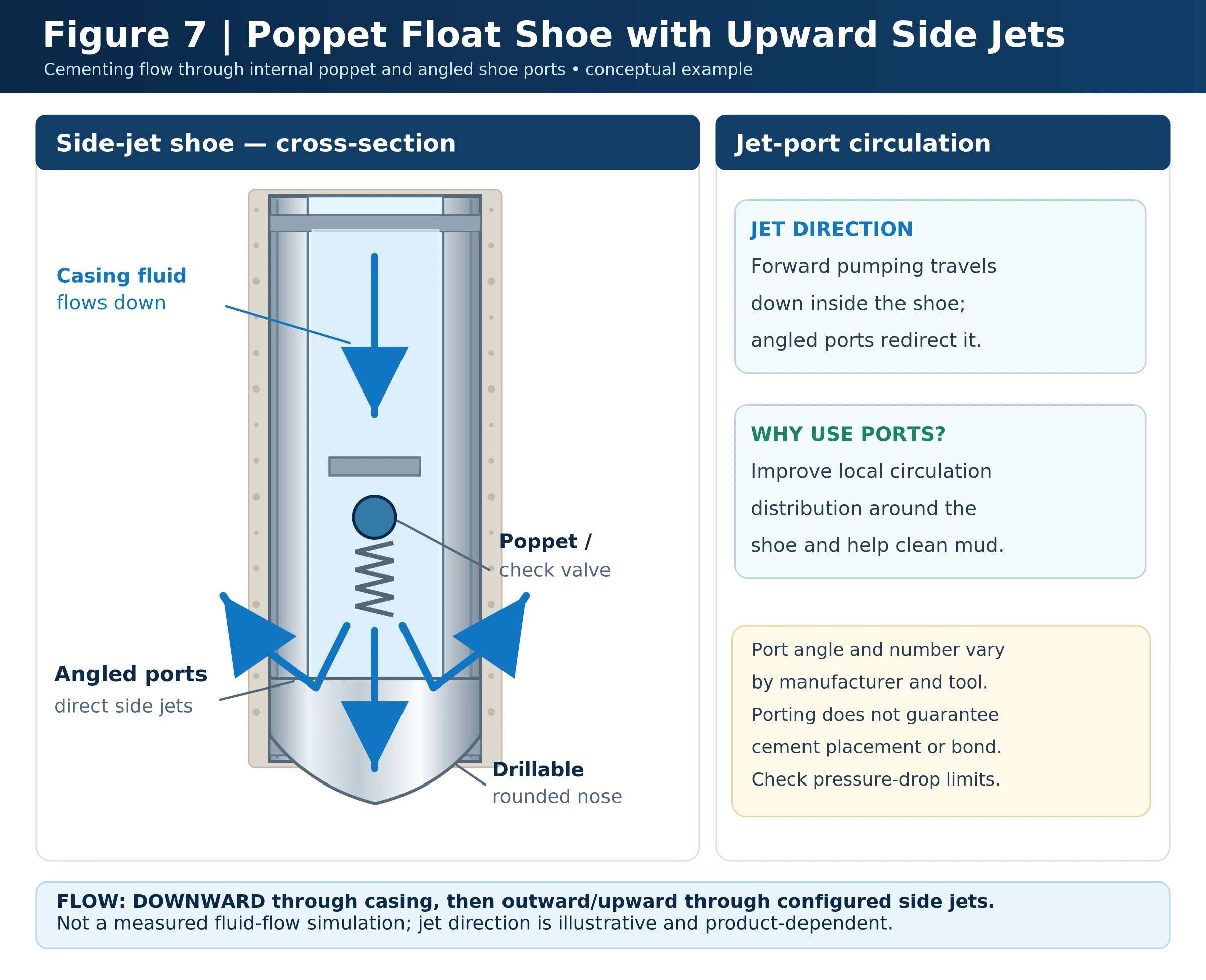 Poppet float shoe with angled side jets showing downward forward fluid flow through its check valve and outward jet discharge around the shoe