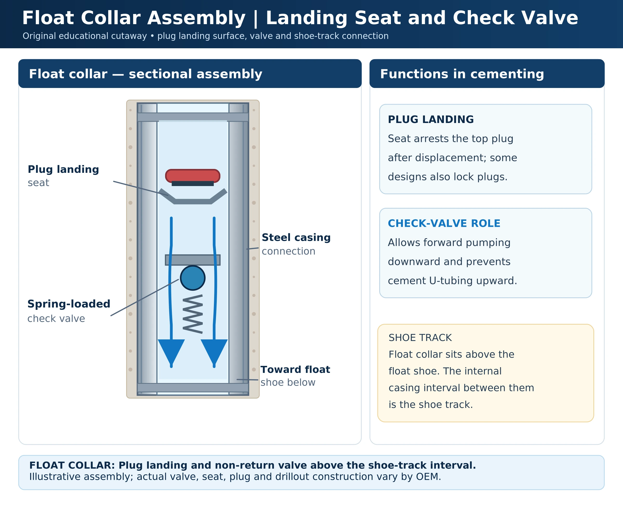 Float collar assembly with cementing-plug landing seat, spring-loaded non-return valve and internal shoe-track connection below