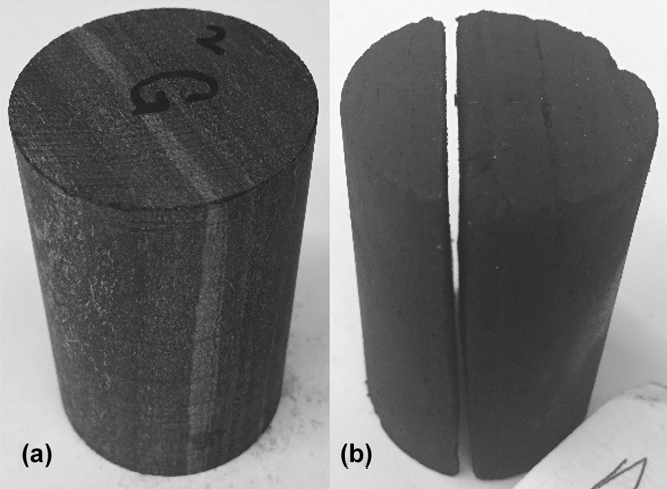 Before-and-after photographs of a Marcellus shale core with a continuous calcite layer following laboratory acid treatment.