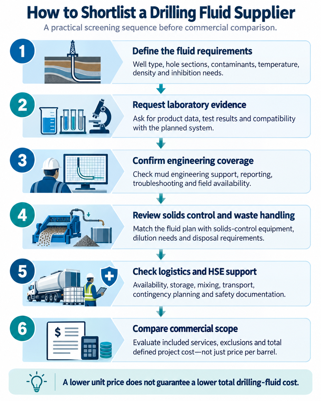 Six-step screening sequence for selecting a drilling-fluid supplier: define requirements, request laboratory evidence, confirm engineering coverage, review solids control and waste handling, check logistics and HSE support, and compare commercial scope.