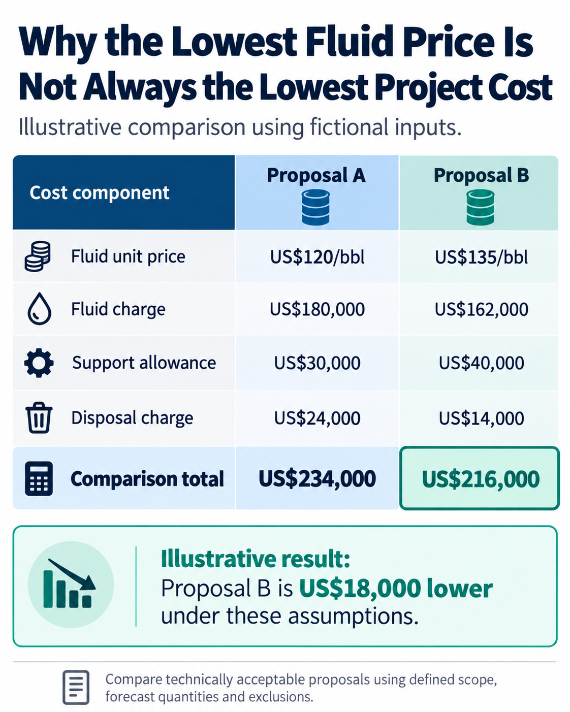 Hypothetical drilling-fluid cost comparison: Proposal A totals US$234,000 and Proposal B US$216,000, a difference of US$18,000.