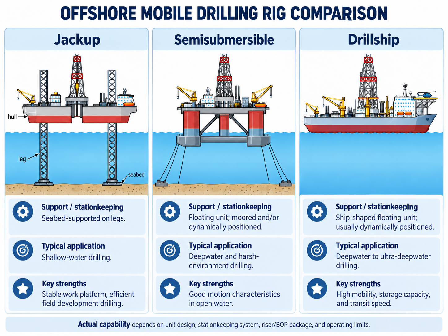Comparison of a seabed-supported jackup, a floating semisubmersible and a ship-shaped drillship.