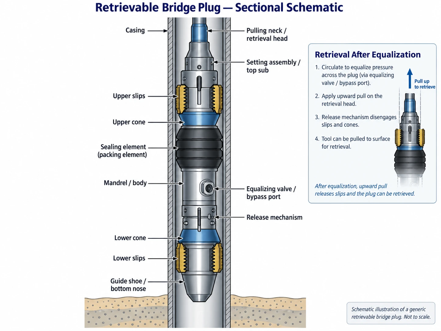 Sectional schematic of a retrievable bridge plug in casing, identifying slips, sealing element, mandrel, retrieval head, and equalizing-valve feature.