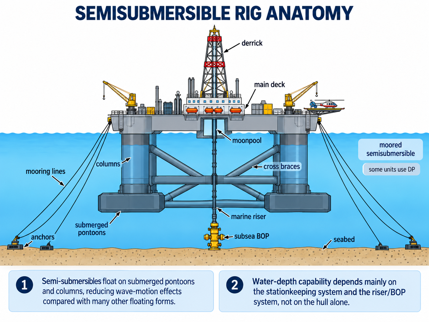 Moored semisubmersible showing the deck, columns, submerged pontoons, braces, marine riser, subsea BOP and mooring lines.